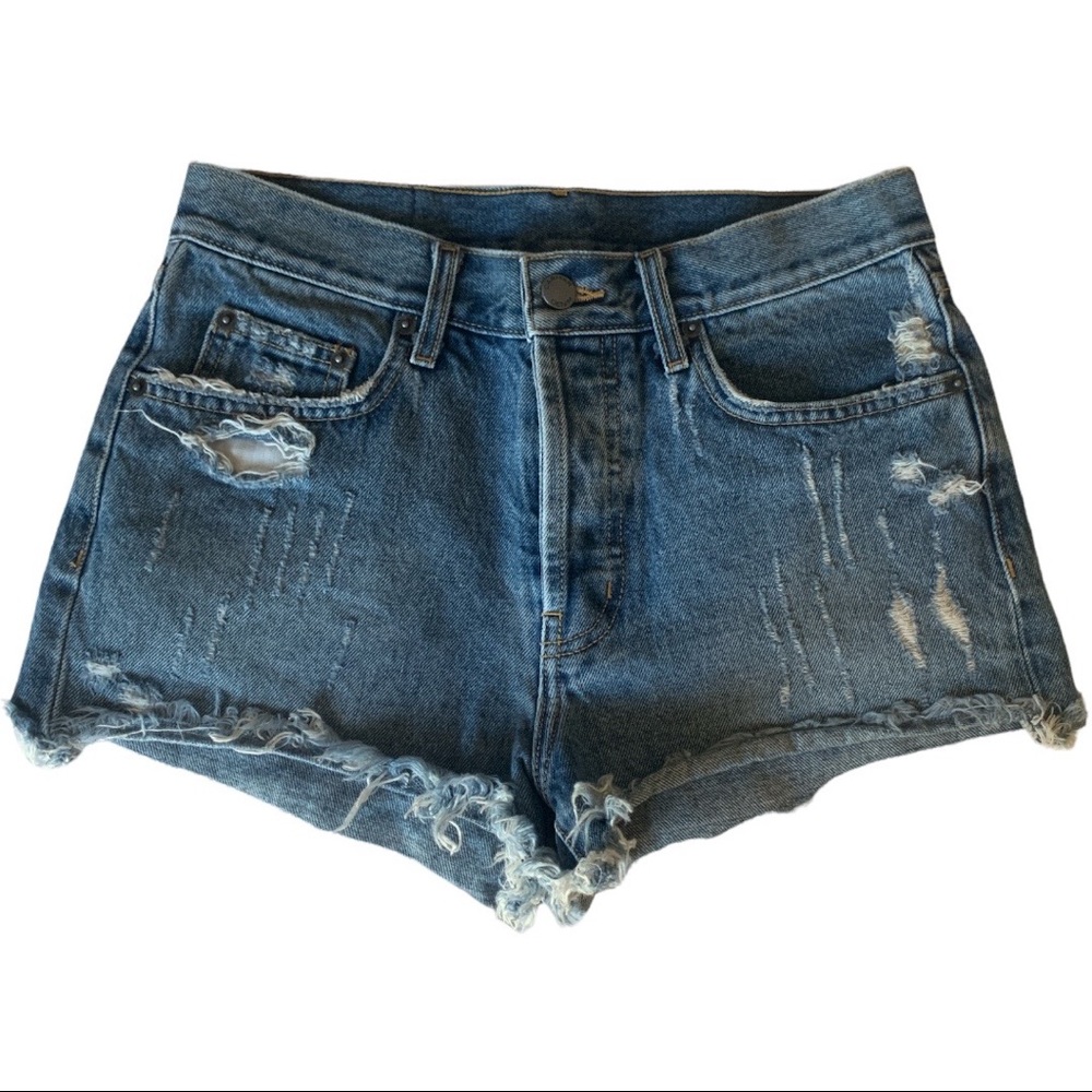 CARMAR Distressed Frayed Cheeky Cutoff Midrise Med Wash Jean Shorts - SZ 28